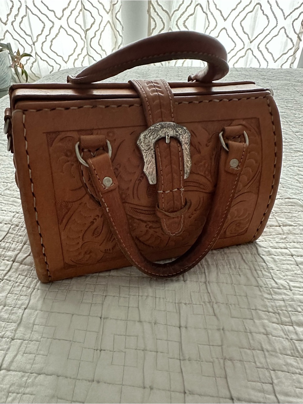 Vintage Leather Tooled Satchel Handbag in Brown
